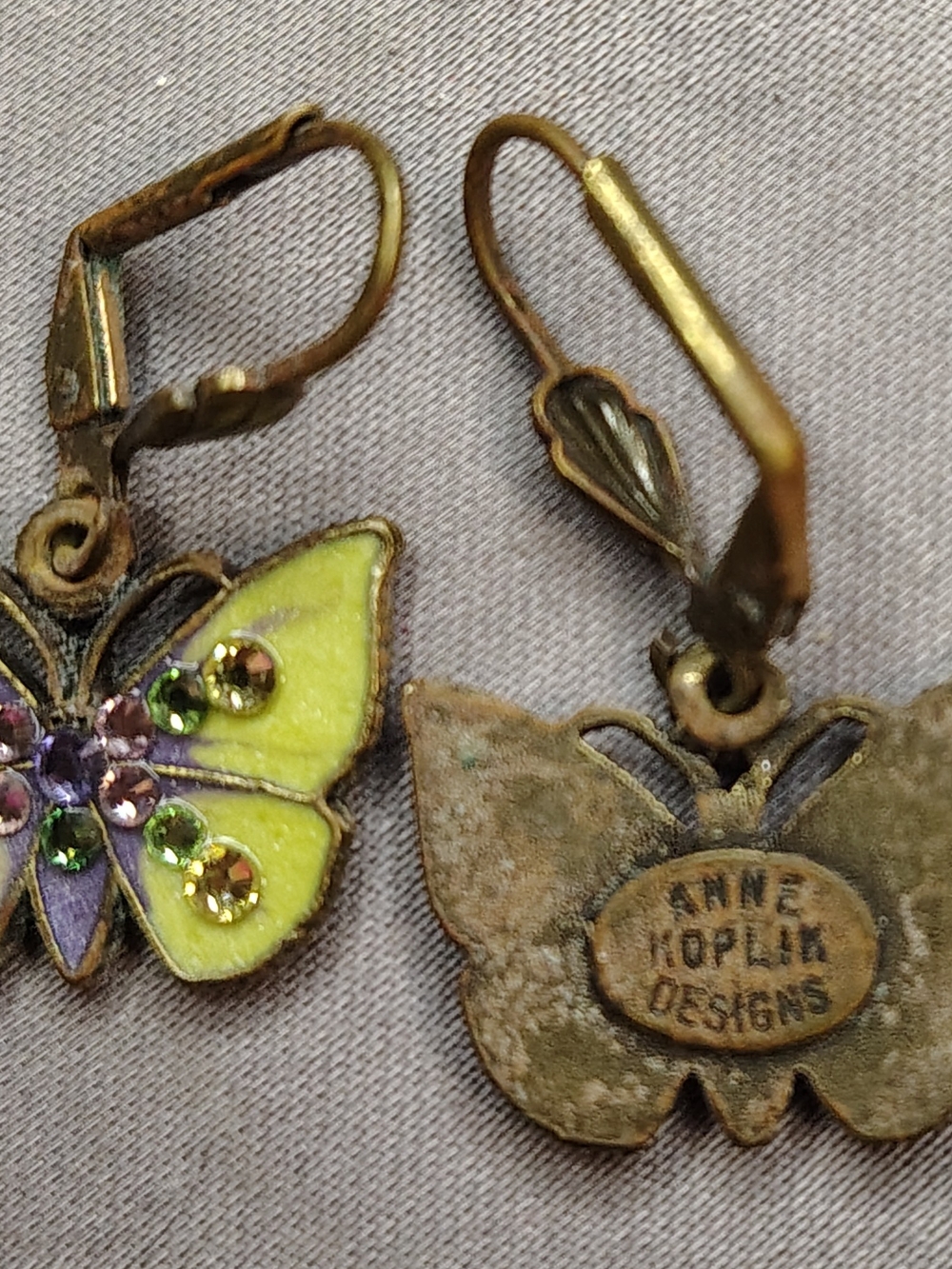 Anne Koplik Yellow Butterfly Drop Earrings with Crystal Accents